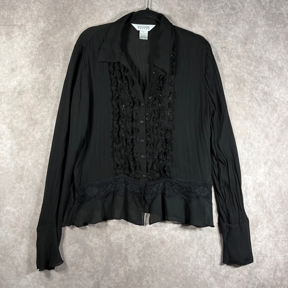 Allison Taylor Fairy Grunge Blouse Womens L Black Ruffle Front Button Up Beaded